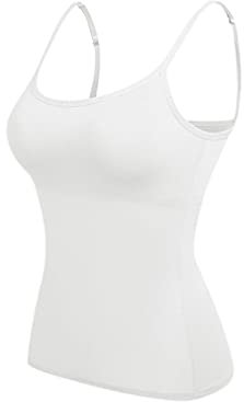 WSLCN Women's Basic Solid Camisole Adjustable Spaghetti Strap Tank Top with Built in Padded Bra Vest Cami Sleeveless Layer Top White UK XL/Asian XXL