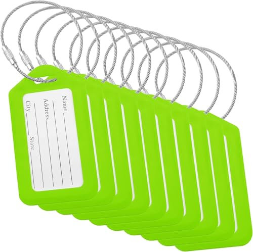 Gepäckanhänger (8,6 x 4,8 cm, grün, 10 Stück) – Reisekofferanhänger mit Namensausweis – robuste Metalldrahtschlaufen von BlueCosto