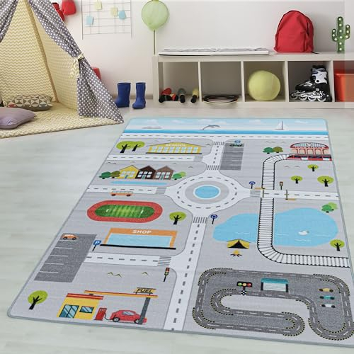 Kinderteppiche für Kinder Straßenteppich Spielteppich Waschbar Weich rutschfest Lernen und Spielen Jungen & Mädchen Teppich für Kinderzimmer Babyzimmer Teppich Farbe: Grau, Grösse: 80 x 120 cm