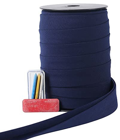 Schrägband, doppelt gefaltet, 2,5 cm, doppelt gefaltetes Schrägband, 55 Yards (marineblau) und 4 Stück Nähstoffkreiden zum Basteln, Nähen, Nähen, Säumen, Paspeln, Quilten.