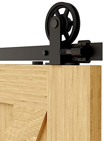 Schiebetürbeschlag 214cm Schiebetüren Schiebetürsystem Komplettset Laufschiene Rollen Set Schwarz für 1 Holztür 107cm Breit, Mittlere Rolle in T-Form