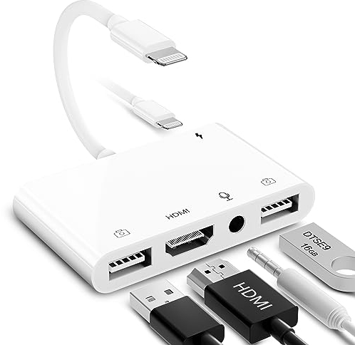 AMLLXEN Adaptateur HDMI OTG pour iPhone, HDMI + Double USB Femelle OTG + Adaptateur Répartiteur de Casque 3,5 mm avec Port Charge Compatible avec iPhone