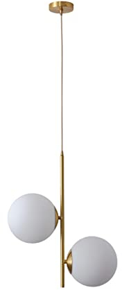 LFsem Lámpara colgante de 2 luces con forma de globo de cristal blanco lámpara de techo de latón dorado para mesita de noche (Blanco)
