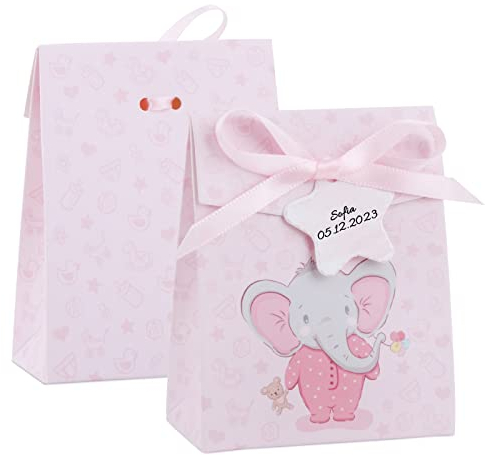 50 Pcs 8x4x10cm Gastgeschenk Tauf Boxen Rosa Niedliche Baby Elefanten Geschenkschachtel mit Geschenkanhänger zum Beschriften Geschenkboxen für Mädchen Tauf, Baby-Geburt, Babyparty usw.
