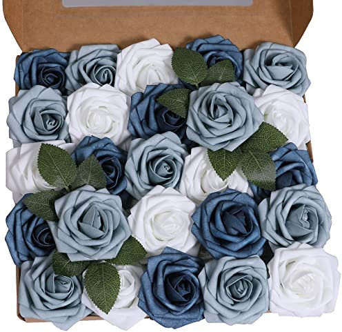 Ancokig Künstliche 25 Stück Rosen Blumen Schaumrosen Foamrosen Kunstblumen Rosenköpfe Gefälschte Kunstrose Rose für Hochzeit Blumensträuße Braut Zuhause Dekoration (Farbverlauf blau,25 Stück)