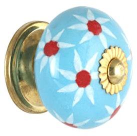 Rasiya Art Dresser Knobs for Cabinets and Drawers - Handmade Ceramic Kitchen Cupboard Wardrobe Pull Handle Countryside Boho Decor Furniture Hardware - Sky Blue Star - Pack of 4