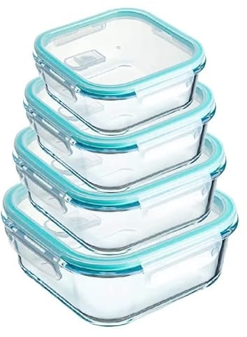 Square Glass Food Storage Containers with Lids – 4 Pack Airtight Reusable Meal Prep Set, Glass Lunch Box for Fridge Storage, Microwave, Oven & Freezer Safe Kitchen Containers