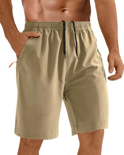 cioiniei Men's Shorts Workout Training Gym Shorts Men Running Lightweight Dry Fit Shorts with Zip Pockets Breathable Tennis Shorts Khaki-XL