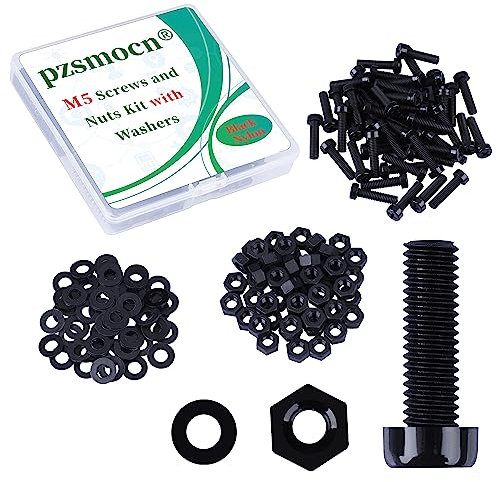 Pzsmocn 150 Pièces/50 Ensembles M5*20 mm en Plastique Nylon Noir Croix Tête Ronde Vis Écrou Hexagonal Combinaison Kit avec Rondelle Isolante Taille Standard, pour Bricolage, Assemblage Électronique.