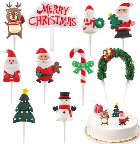 Christmas Cake Decorations,10PCS Christmas Cake Topper, Xmas Cake Decorations Cupcake Toppers - Snowman, Christmas tree, Santa Claus, Reindeer