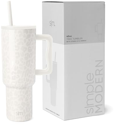 Simple Modern Thermobecher mit Strohhalm und Griff | Isolierter Edelstahl-Trinkbecher Eiskaffee-Reisebecher | Geschenke für Frauen und Männer | Trek | 1180ml | Cream Leopard