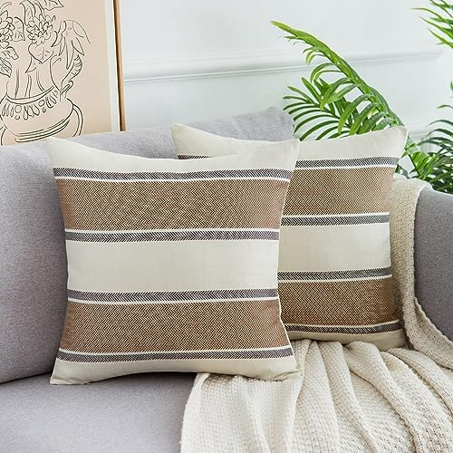 DakTou Sofakissen 50x50 cm Kissenbezug Streifen Dekokissen Leinen Kissenhülle Bauernhaus Kissenbezüge Moderne Couchkissen Quadratische Kissenhülle für Sofa Büro Couch Stuhl Schlafzimmer 2 Stück Braun