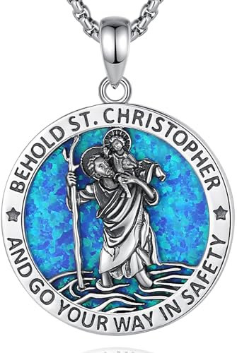 EUDORA Harmony Ball Heiliger Christophorus Kette Medaille für Damen Herren, Sterling Silber 925 Blau Opal Christophorus Anhänger Halskette Amulett Schmuck, Geschenke für Frauen Herren, 55CM+61CM