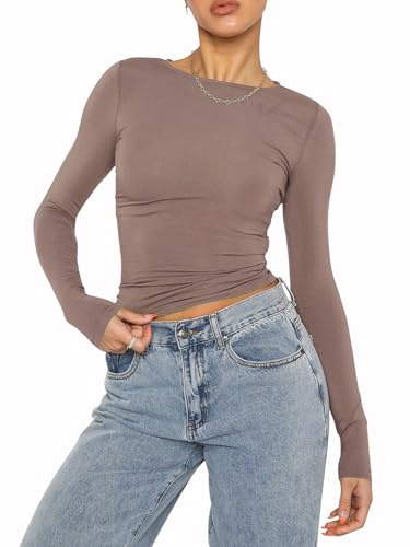 Womens Long Sleeve Scoop Neck Lace Trim Slim Fitted Casual Tee Tops Slim Basic T-Shirts Crop Tops (X1 Coffee, L)