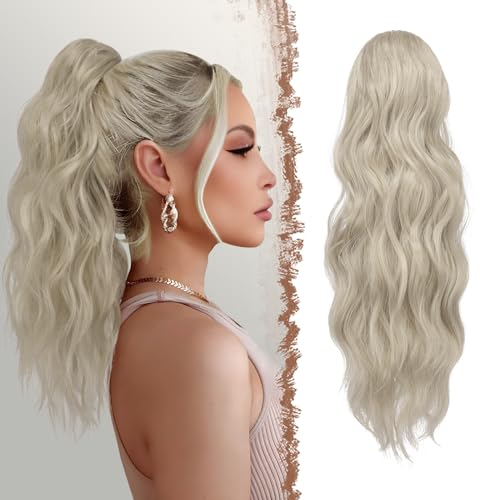 FESHFEN Pferdeschwanz Haarteil mit Kordelzug, 45 cm Wellen Zopf Pferdeschwanz Verlängerung Haare Extension Synthetik Lang Wellig Haarverlängerung Ponytail für Damen, Platin Silber Blond