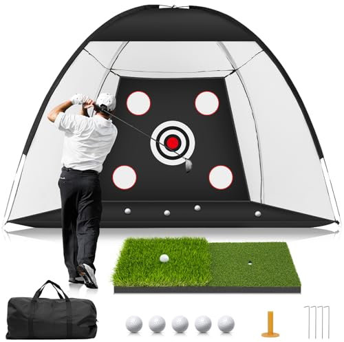 MUVPOH 10x7ft Golf Practice Net with Dual-Turf Mat, Multi-Targets, Black