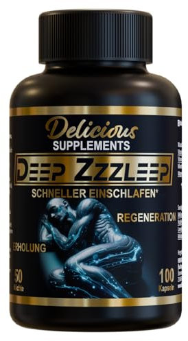 Deep Zzzleep - Melatonin Kapseln hochdosiert mit Magnesium - 0,5 mg Melatonin pro Kapsel, 100 Kapseln für 50 Nächte, trägt zur Verkürzung der Einschlafzeit bei, Delicious Supplements - Made in Germany