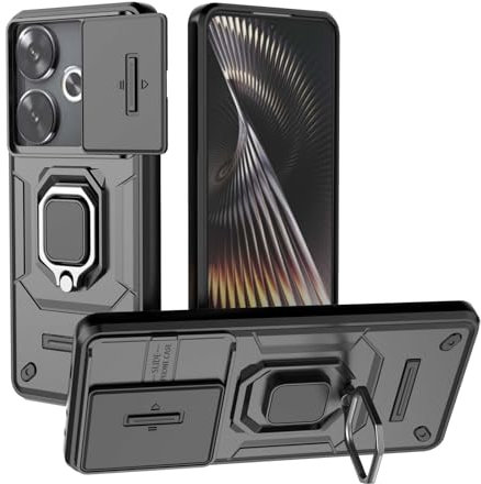 WBWONE Funda para Xiaomi Poco F6 5G, Anti-Rasguño Shock- Absorción PC/TPU Carcasa con Anillo Kickstand y Cubierta Deslizante de la Cámara, Negro
