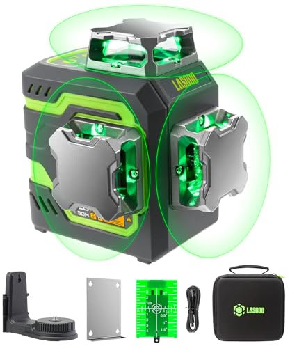 LasGoo LG-3DM Livella laser verde, laser a linea 3x360° autolivellante per edilizia e appendimento quadri, batteria integrata da 5200 mAh, cavo Type-C, supporto rotante magnetico incluso