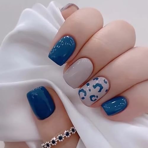 Boloshine 24 Pièces Faux Ongles Court, Imprimé Léopard Bleu Ongles à Coller, Artificiel Press on Nails Faux Ongles à Coller Nail Art pour Femmes et Filles