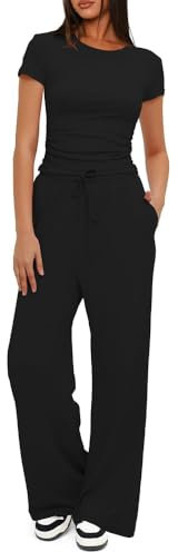KOEMCY Completi Donna Estivi Casual Moda Set di Pantaloni Casa Jogging Yoga Elegante Tuta Completa Top Slim Fit e Lunghi Pantaloni con Tasche e Coulisse (Nero,M)