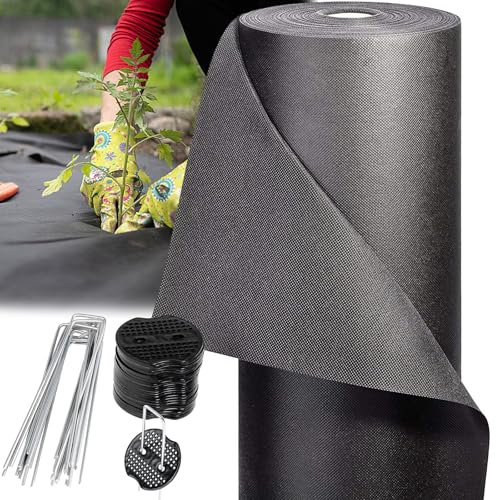 MEEYI Unkrautvlies Wasserdurchlässig 100g/m² 0.8x80m, Sehr robust UV-beständig Anti Unkrautfolie & Gartenvlies Meterware mit Erdspieße für Gemüsegarten Sandkasten -Schwarz