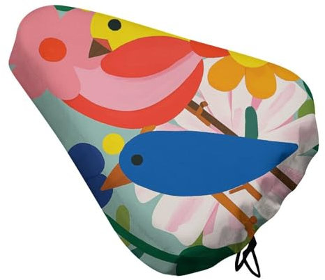 NWGHM Fahrradsitzbezug mit bunten Blumen, Vogelmotiv, bequemes Heimtrainer-Sitzkissen, wasserdicht, Fahrradsitzbezug mit Kordelzug, für Herren und Damen