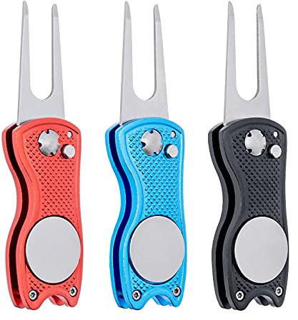 Xaztr 3 Pack Golf Divot Repair Tool, Foldable Golf Divot Repair Tool, Stainless Steel Magnetic Pop-up Button Switchblade and Free Detachable Golf Ball Marker for Men Women(3 Colors)