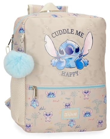 Disney Joumma Stitch Cuddle Me happy Mochila Escolar Adaptable a Carro Beige 25x33x12 cms Poliéster