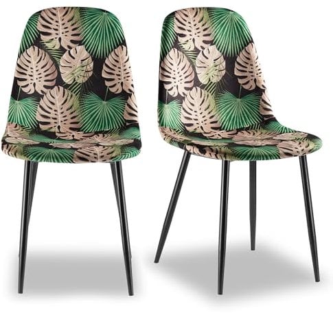 VonHaus Dining Chairs Set of 2 - Tropical Palm Leaf Print Kitchen Chairs with Sturdy Black Metal Legs - Upholstered Cord Effect for Dining Room & Kitchen - Padded Backrest & Seat - Leighton