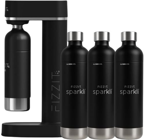 Stainless Steel Black Sparkling Water and Soda Maker Machine with 3 Black Stainless Steel 1L Re-Usable Bottle
