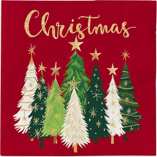 40 Stück Servietten Weihnachten, Weihnachtsservietten Rote Papierservietten mit Weihnachtsbaum Muster, 33x33 cm Einweg Napkins für Tischdeko, Perfekt für Ihre Weihnachtsfeier und festliche Anlässe