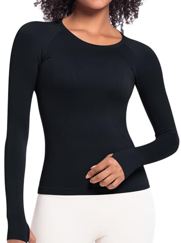 Women's Gym Tops Seamless Sports T-Shirt Basic Long Sleeve Tee Shirts with Thumb Holes Slim Fit Stretchy Yoga Tops Black