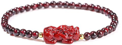 LIU JUN Feng Shui Pixiu Armband für Frauen, natürlicher burgunderroter Granatstein, Perlen, Glücksbringer, Reichtum, Amulett, Stretch, Geschenk, Schmuck