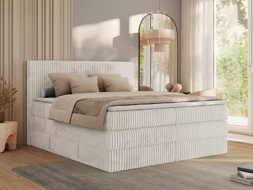 MKS MEBLE Boxspringbett mit Matratze H3, Bett mit Bettkasten und Stauraum, Doppelbett mit Kopfteil, Polsterbett 140x200 mit Topper T25 - Tiliano King - Cord Beige
