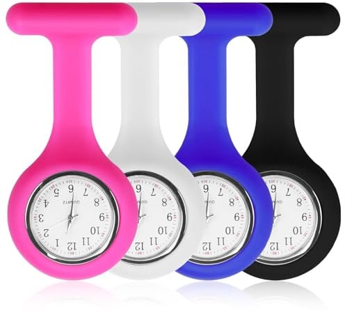 Schwesternuhr mit Sekundenzeiger – Set mit 4 Broschen aus Silikon für Taschenbluse für Pflegepersonal und Gesundheitspersonal