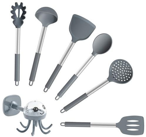 Kitchen Utensils Set, 6 Pcs Silicone Cooking Utensils with Hook, Heat Resistant Cooking Turner Spoon Spatula Set, Silicone Kitchen Spatulas for Nonstick, Dishwasher Safe(Grey)