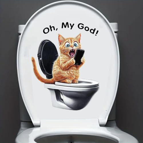 Nouiroy Whimsical Black Cat on Toilet with Smartphone Sticker - Humorous Home Decor, Easy-to-Apply Ceramic Tile & Water Tank Decal, Semi-Gloss Finish, Cat Bathroom Decor (Yellow Cat)