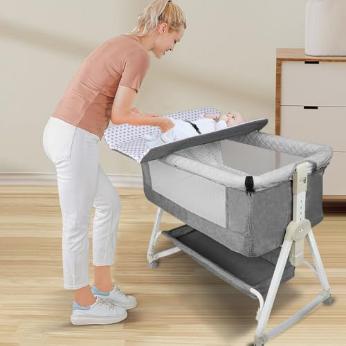 Supfine Berceau Cododo 4 en 1, Lit Bébé avec Table à Langer et Rangement, 6 Niveaux de Hauteur, Lit bébé Multifonction avec Moustiquaire (95 * 50 * 98-110 cm, Lin Gris)