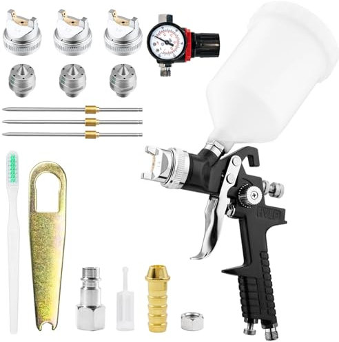 KCNKCN HVLP Pistola a spruzzo ad alta atomizzazione Pistola a spruzzo per riparazioni di piccoli mobili per auto con regolatore di pressione dell'aria Serbatoio vernice da 600cc 1.4/1.7/2.0mm ugello