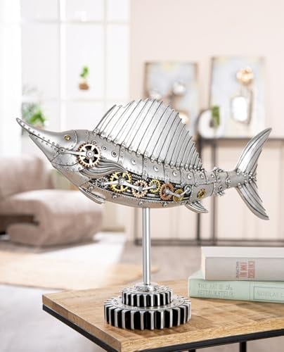 GILDE Figur Steampunk Sailfish aus Kunstharz, silberfarben, antikfinish, Zahnradmotiv, 36 cm hoch, 50 cm breit