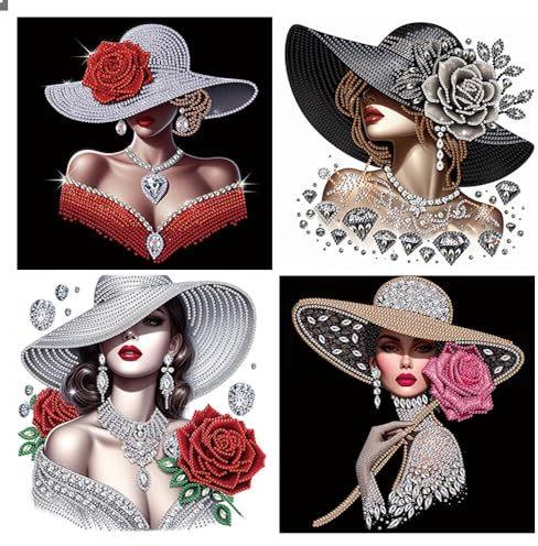 DCIDBEI 4 Pack DIY Diamant Painting Bilder Frau mit Hut 30x30cm Diamond Painting Frauen mit Hut Diamond Painting Spezial Strasssteine Strass Stickerei Diamant Malerei Malen nach Zahlen Kreuzstich Set