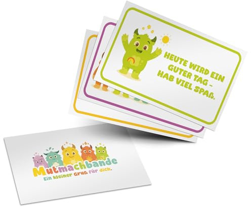 JEKA Brotdosen Karten Kinder – 30 Mutmach-Botschaften für die Pause | Laminiert & wiederverwendbar | Positive Affirmationen & liebevolle Nachrichten für Schule & Kindergarten | Mutmachbande (Monster)