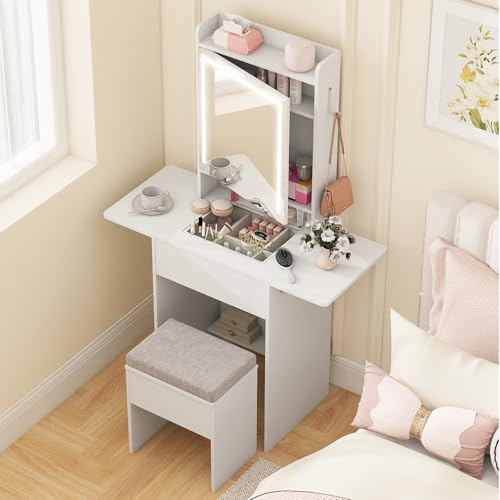 COSTWAY Petite Coiffeuse avec Miroir et Tabouret, 3 Modes d'Éclairage, Station de Charge, Plateau en Verre, Panneaux Rabattables, Table de Maquillage, Étagères, Armoire, Tiroir (94 x 41 x 147 cm)