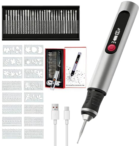 WDKXCN Gravierstift, Elektrischer Gravur Stift mit 30 Bits und 16 Vorlagen, Kabelloser Tragbarer Gravur Gerät, USB-Type-C Wiederaufladierbar Gravur Werkzeug Kit für Schmuck, Holz, Kunststoff, Metall,