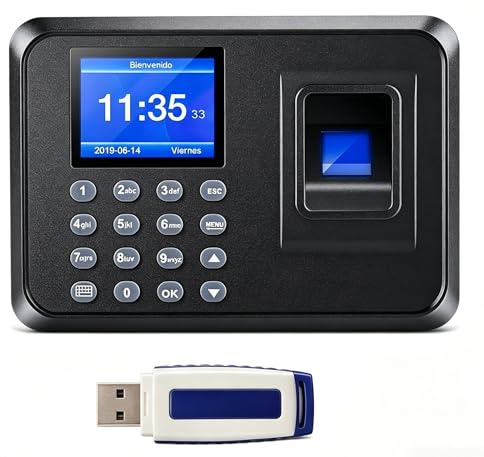 Zeitkontrolle für Mitarbeiter, spanische Mitarbeiter, biometrische Assistenzmaschine mit Kapazität von 1000 Fingerabdrücken, Uhr zur Registrierung, ohne Internetanschluss mit USB-Stick