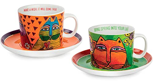 Egan Set 2 Tazze Cappuccino con Piattini Laurel Burch Porcellana Dipinte