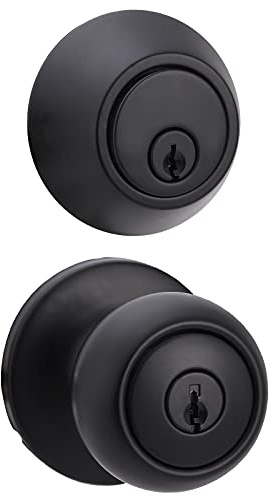 Amazon Basics Exterior Door Knob with Key Lock and Deadbolt, Keyed Alike, Coastal, Matte Black