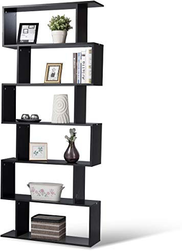 COSTWAY S-Shaped Wooden Bookcase, 5/6 Tiers Freestanding Storage Shelf, Home Office Industrial Decorative Bookshelf Display Stand Rack (Black, 80 x 23 x 192cm)