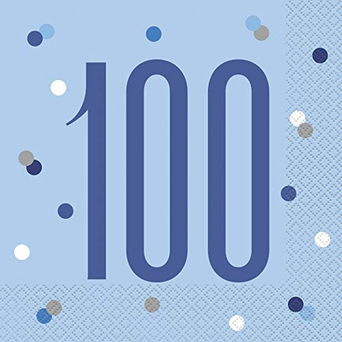 Unique 83564 Blue Dots 100th Birthday Luncheon Napkins Disposable | 16 Pcs, Age 100